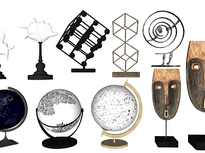 Decorative Ornament Set With Globes Geometric Shapes And Wooden Masks For Home 3d model