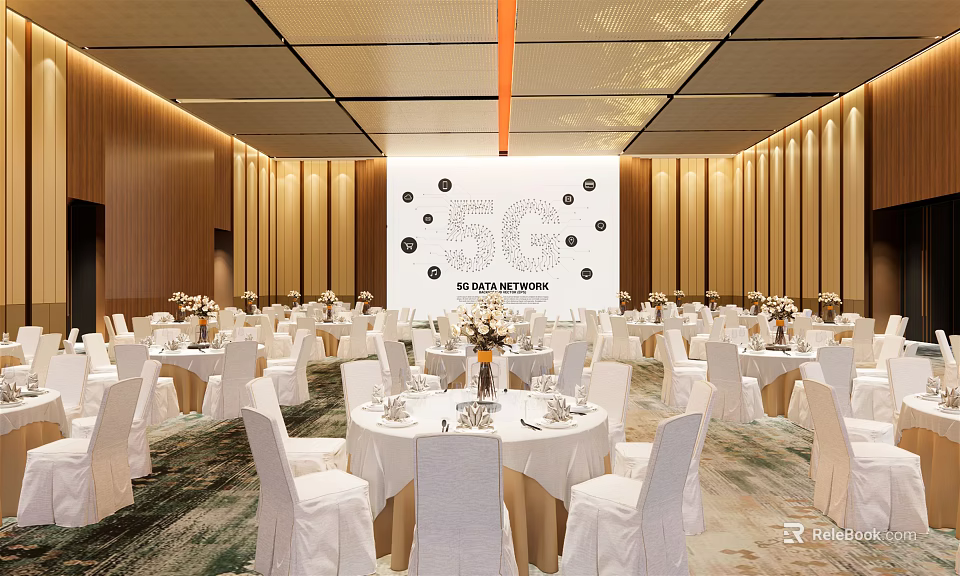 Elegant Banquet Hall Featuring White Tables Chairs Floral Decor SC Logo And Dot Patterns Backdrop 3d model 