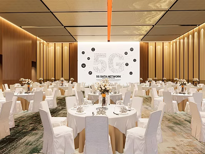Elegant Banquet Hall Featuring White Tables Chairs Floral Decor SC Logo And Dot Patterns Backdrop 3d model
