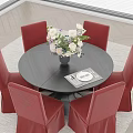 Round Black Dining Table Set With Red Chairs And Floral Vase Tableware 3d model