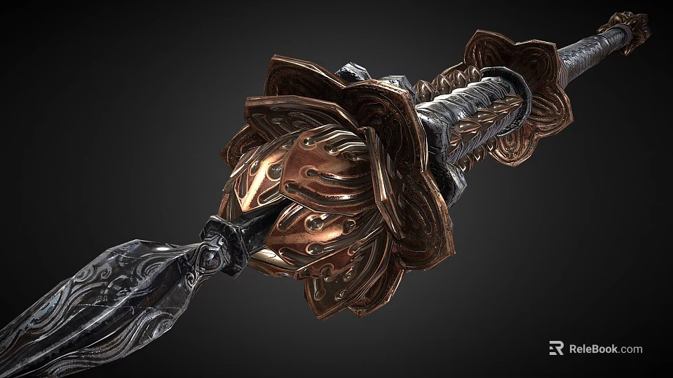 Intricate Copper And Black Metal Sword With Lotus Shaped Ornaments And Ornate Carvings 3d model 