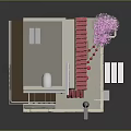 Japanese Style Snack Shop Building With Red Tiled Roof Pink Cherry Blossom Tree And Staircase
