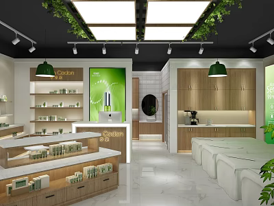 Modern Cosori Store Interior With Display Shelves Products Green Plant Decor And Wooden Counters 3d model