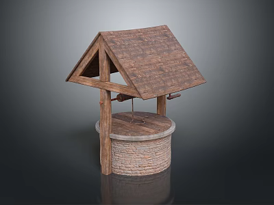 Traditional Wooden Well With Triangular Tile Roof And Stone Circular Base 3d model