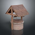 Traditional Wooden Well With Triangular Tile Roof And Stone Circular Base