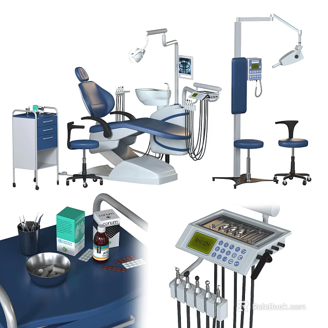 Essential Dental Medical Equipment Including Chair Light Treatment Unit And Instrument Cabinet 3d model 