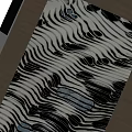 Square Rug With Black And White Striped Pattern And Blue Accent Spots On Wooden Floor