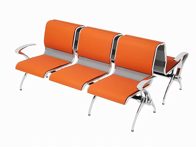 Public Chair With Orange Cushions Metal Frame Three Seats And Armrests 3d model