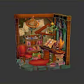Vintage Miniature Study Nook With Wooden Bookshelf Red Armchair Open Book And Globe