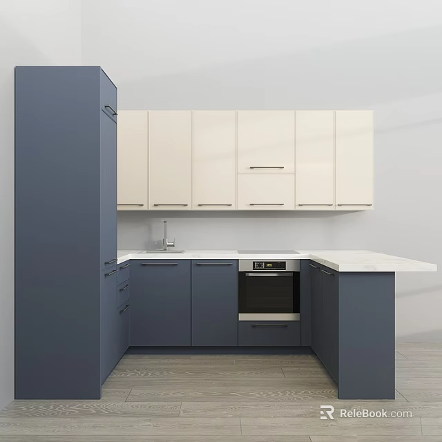 Modern Blue And White Kitchen Cabinetry With Oven Sink And White Countertop 3d model 
