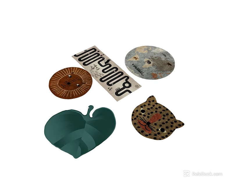 Round Area Rugs with Leopard Print Leaf Shape and Decorative Patterns 3d model 