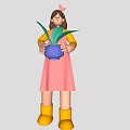 Colorful Game And Movie Character With Yellow Top Pink Skirt Holding Blue Pot With Green Plants