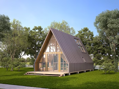 A Frame Wooden House With Large Glass Windows And Wooden Deck In Lush Green Forest 3d model