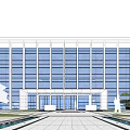 Modern Office Building With Glass Curtain Wall Spacious Entrance Front Plaza Trees And Sunset Sky