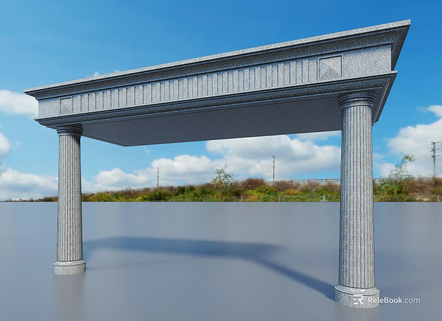 Gray Stone Architectural Component With Fluted Columns And Ornate Entablature Design 3d model 