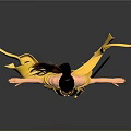 Woman in black yellow outfit with tied hair flowing yellow ribbons arms outstretched gray background