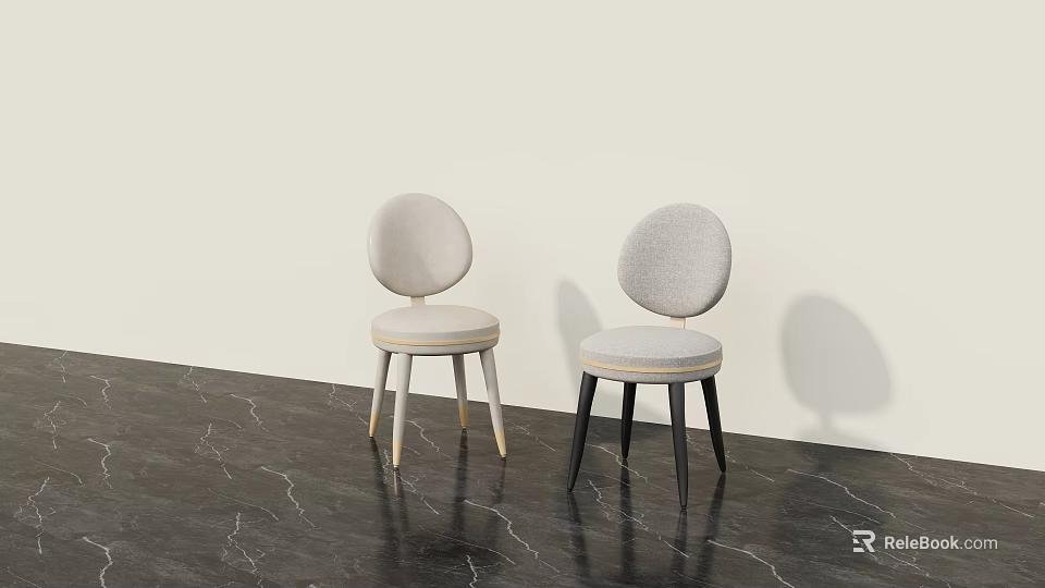 Modern Single Chair With Round Backrest Light Seat And Different Legs On Dark Marble Floor 3d model 