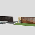 Modern Garden Wall With Vertical Slats White Stone Basin and Small Fountains on Paved Ground