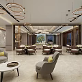 Modern Property Sales Office Interior With Chandeliers Marble Floor Display Platform And Reception Area
