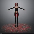 3D Female Character With Purple Hair Black Red Bodysuit Standing On Patterned Circular Platform