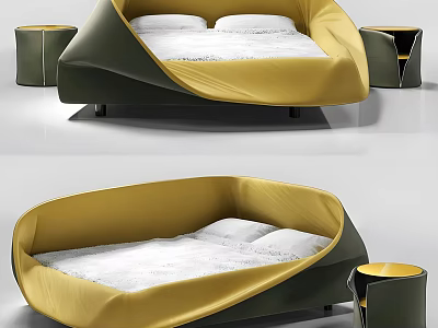 Unique Curved Double Bed Design With Yellow Green Upholstery And Side Tables 3d model