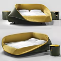 Unique Curved Double Bed Design With Yellow Green Upholstery And Side Tables