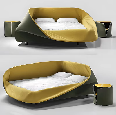 Unique Curved Double Bed Design With Yellow Green Upholstery And Side Tables 3d model