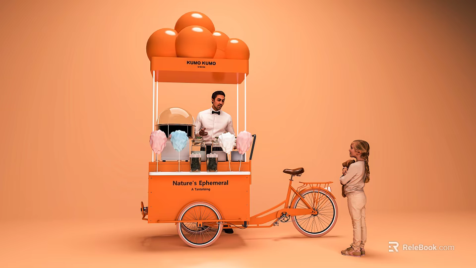 Vibrant Orange Art Installation Ice Cream Cart With Spherical Top And Little Girl Standing By 3d model 
