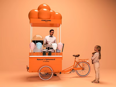 Vibrant Orange Art Installation Ice Cream Cart With Spherical Top And Little Girl Standing By 3d model