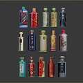 Collection of Various Liquor Bottles with Diverse Brand Labels and Colorful Designs