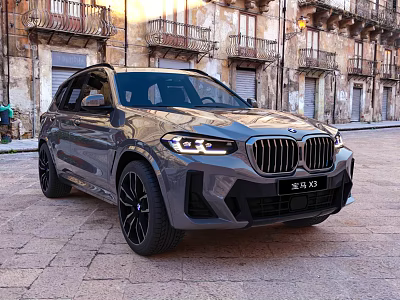 Gray BMW X3 Parked On Cobblestone Square With Historic Buildings And Headlights On 3d model