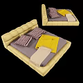Double Bed With Yellow Bedhead Gray Mattress Striped Pillows And Yellow Beige Blankets