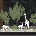 Miniature Garden Ornament Scene With Giraffe Deer Figurines Small Trees Moss And White Pebbles