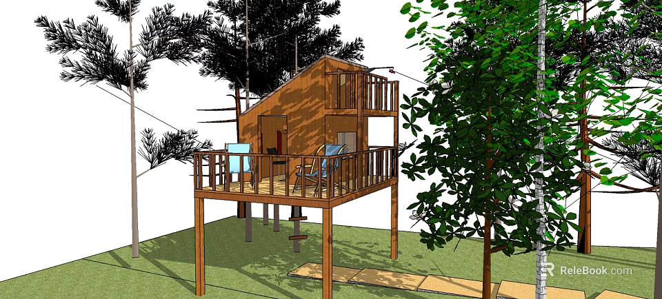 Two Story Wooden Treehouse with Balcony And Blue Chairs Surrounded By Green Trees And Grass 3d model 