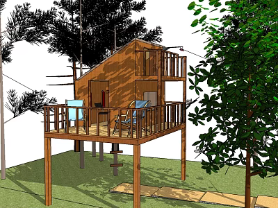 Two Story Wooden Treehouse with Balcony And Blue Chairs Surrounded By Green Trees And Grass 3d model