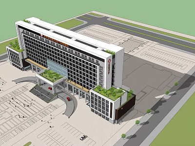 Modern Commercial Building Featuring White Exterior Glass Windows Green Roof And Parking Area 3d model