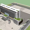 Modern Commercial Building Featuring White Exterior Glass Windows Green Roof And Parking Area