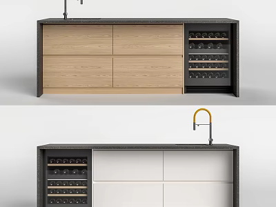 Modern Kitchen Interior Cabinets With Wooden Doors Wine Rack And Sink Faucet 3d model