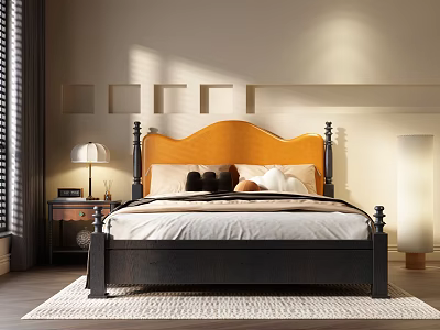 Double Bed With Orange Headboard Dark Frame Pillows Nightstand Table Lamp And Warm Lighting 3d model