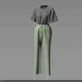 Light Green Pants With Green Drawstring And Gray Short Sleeve Top Casual Outfit