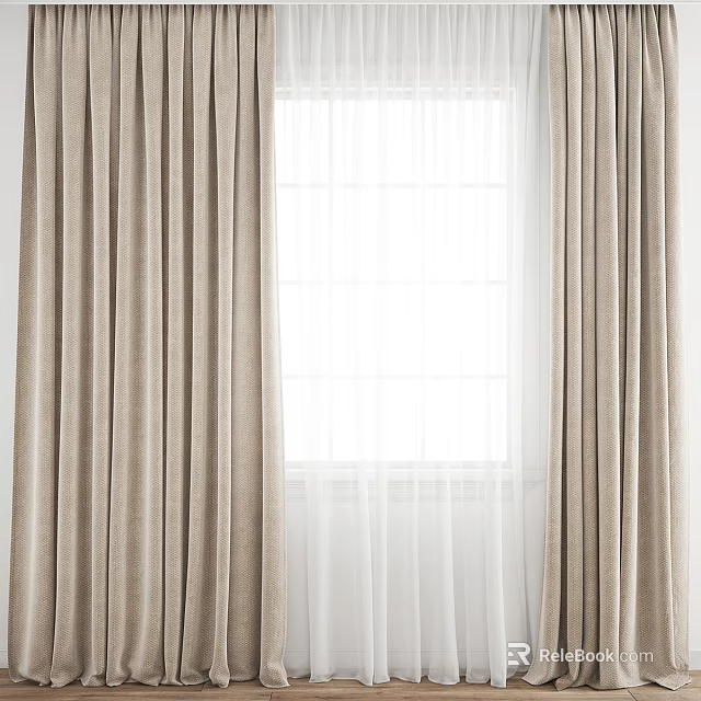 Elegant Beige Curtains With White Sheer Panels And Bright Window Background 3d model 