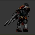Game Movie Character In Armored Outfit With Large Weapon And Red Gold Details