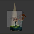 Cartoon Scene Featuring Blue Animal on Log Green Grass Trees Red Flowers and Glowing Lights