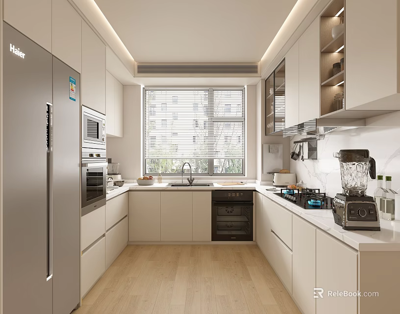 Modern Kitchen Interior Design With White Cabinets Silver Refrigerator Appliances And Window Blinds 3d model 