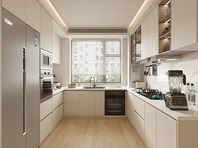 Modern Kitchen Interior Design With White Cabinets Silver Refrigerator Appliances And Window Blinds 3d model