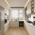 Modern Kitchen Interior Design With White Cabinets Silver Refrigerator Appliances And Window Blinds
