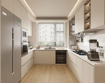 Modern Kitchen Interior Design With White Cabinets Silver Refrigerator Appliances And Window Blinds 3d model