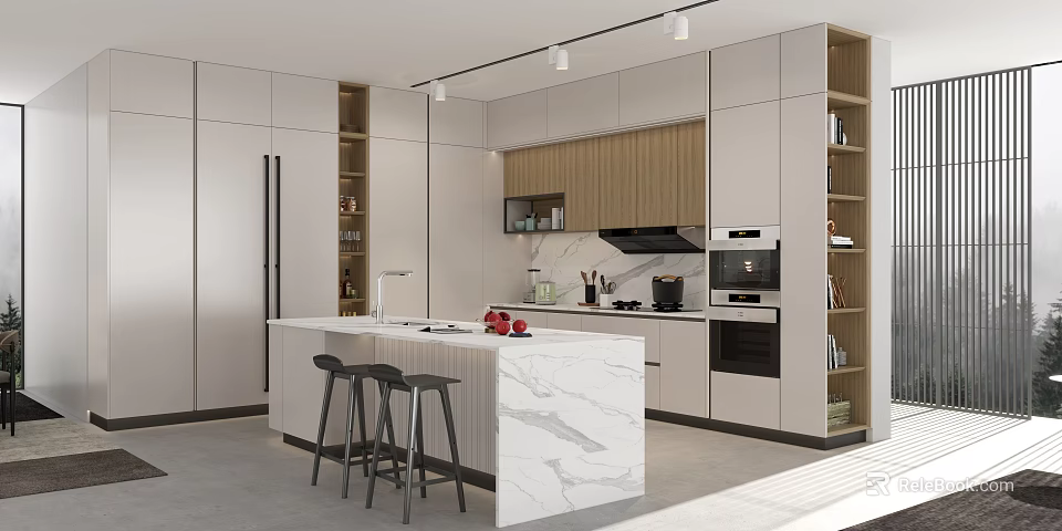 Modern Kitchen Interior Design With Marble Island Countertop Bar Stools And Cabinets 3d model