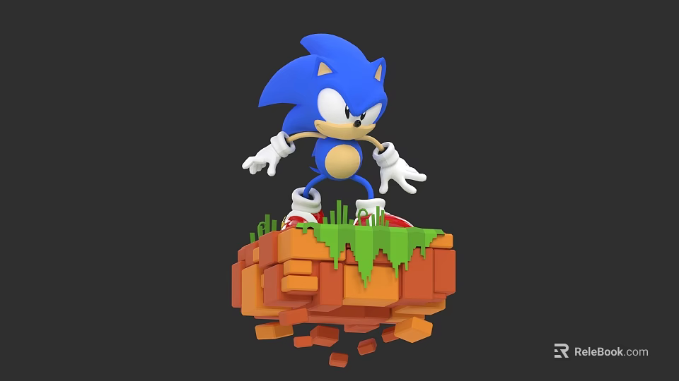 Blue Sonic the Hedgehog Standing on Floating Platform With Green Grass and Orange Blocks 3d model 