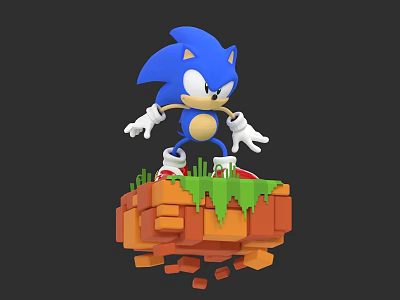 Blue Sonic the Hedgehog Standing on Floating Platform With Green Grass and Orange Blocks 3d model